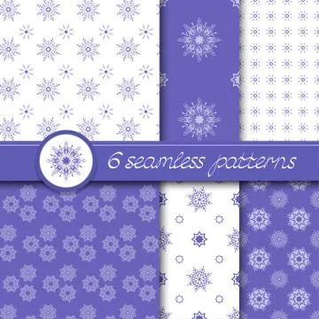 Vector set of six seamless Christmas pattern with snowflakes. 库存插图