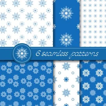 Vector set of six seamless Christmas pattern with snowflakes. Stock Illustration