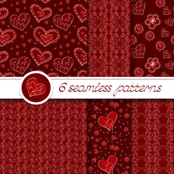 Vector set of six seamless hand drawn patterns for Valentine's Day. Stock Illustration