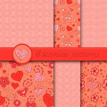 Vector set of six seamless hand drawn patterns for Valentine's Day. Stock Illustration