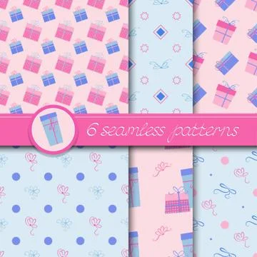 Vector set of six seamless patterns with gift boxes and bows. Stockillustratie
