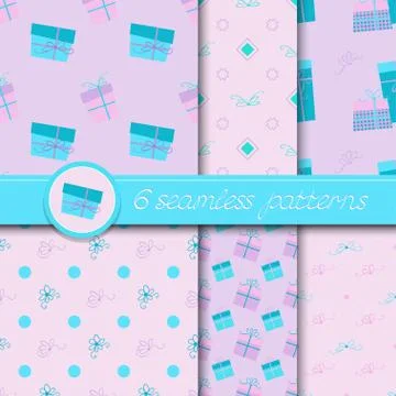 Vector set of six seamless patterns with gift boxes and bows. イラスト素材