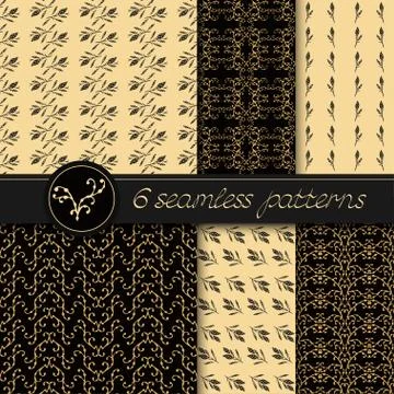 Vector set of six seamless patterns with hand drawn floral elements. Stock Illustration