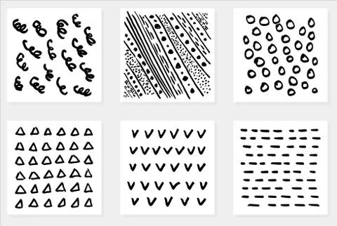 Vector set of six simple hand-drawn black and white patterns 스톡 일러스트