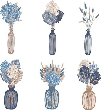Vector set of six vases with flowers and dried flowers in boho style Stock Illustration