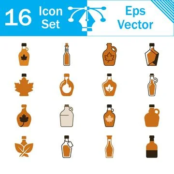 Vector set of sixteen maple syrup bottle flat icons with bottle icon Stock Illustration