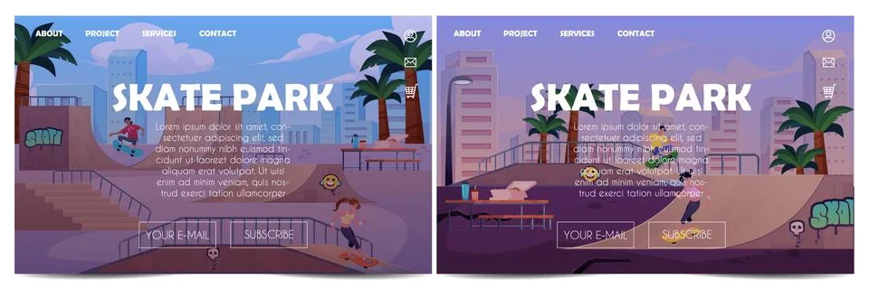 Vector set of skate park posters with a girl and guy on skateboards in city. Stock Illustration