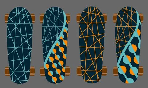 Vector set of skateboard. Dark blue and orange colors, striped-circle pattern Stock Illustration