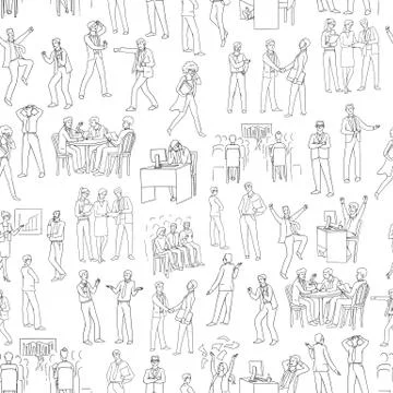 Vector set sketch black contour isolated seamless pattern of business people Stock Illustration