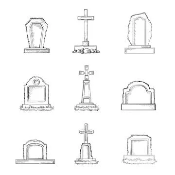Vector set of sketch Cemetery stone tombstones Stock Illustration