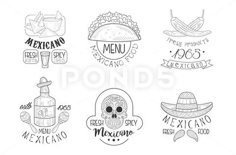 Vector set of sketch emblems for Mexican restaurant. Monochrome logos with skull Stock Illustration