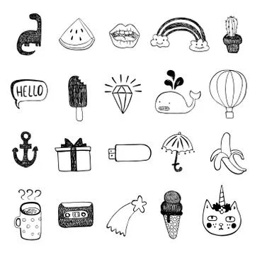 Vector Set Of Sketch Icons. Hand draw objects. Sticker version Stock Illustration