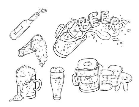 Vector set sketch illustration pint, tumbler and bottle of beer. Stock Illustration