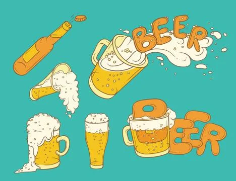 Vector set sketch illustration pint, tumbler and bottle of beer. Illustrazione stock