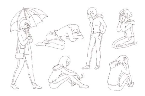 Vector set sketch illustration sad girl teen. Young woman in depression Stock-Illustration