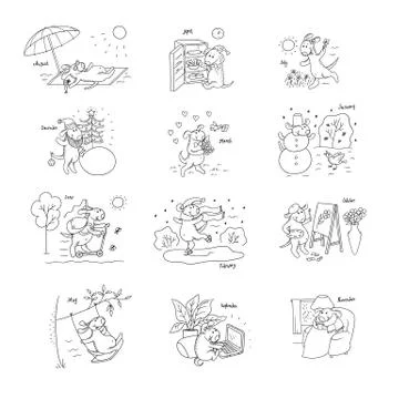 Vector set sketch various funny stories from life cartoon puppy. Different Stock Illustration