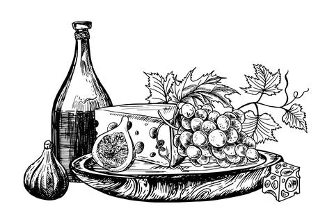 Vector set of sketches of beverage and food on a white background. Wine bottle Stock Illustration