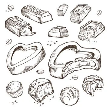 Vector set of sketches bitten chocolates. Sweet rolls, bars, glazed, cocoa Stock-Illustration