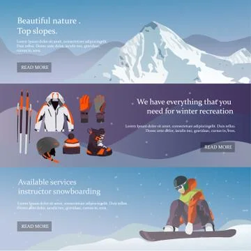 Vector set of Ski and Snowboard equipment banners. Winter sports design elements 스톡 일러스트
