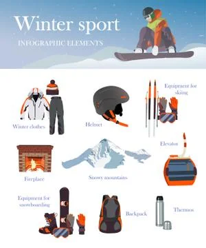 Vector set of Ski and Snowboard equipment icons, banner. Winter sports isolated Illustrazione stock