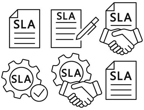 Vector set of SLA line icons representing agreement, partnership, contract Stock Illustration