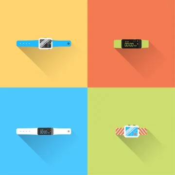 Vector set of smart watch with long shadow on the color background. Stock Illustration