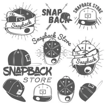 Vector set of snapback store labels in vintage style. Flat cap hats concept Illustrazione stock