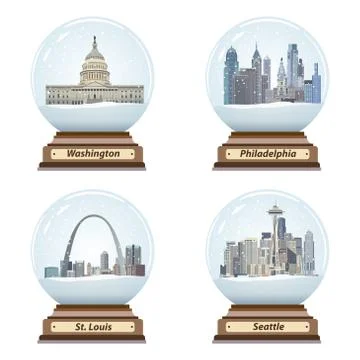 Vector set of snow globes with United States city skylines inside Illustrazione stock