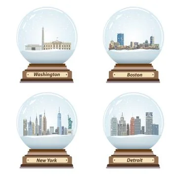 Vector set of snow globes with United States city skylines inside Stock Illustration