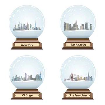 Vector set of snow globes with United States city skylines inside Illustrazione stock