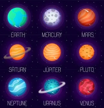 Vector set of solar system planets in cartoon style. Outer space design elements Stock Illustration