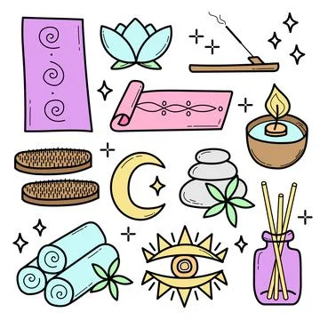 Vector set of spa and yoga icons. Sketch or doodle style on white. Illustrazione stock
