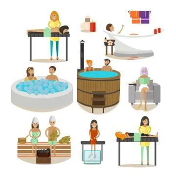 Vector set of Spa salon people, rehabilitation treatment design elements Illustrazione stock