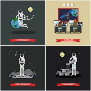 Vector set of space exploration posters, banners in flat style 库存插图