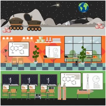 Vector set of space interior posters, banners in flat style Stock Illustration