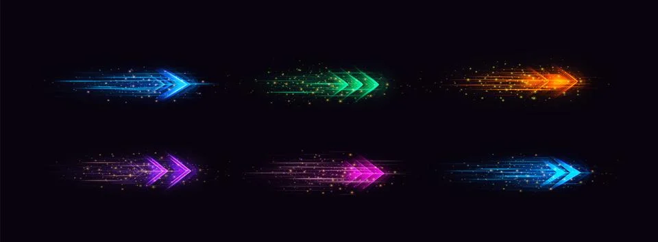 Vector set of speed arrows, bright neon color, motion effect, glowing particles Stock Illustration