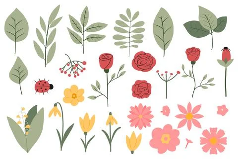 Vector set of spring flowers and leaves. Stock Illustration