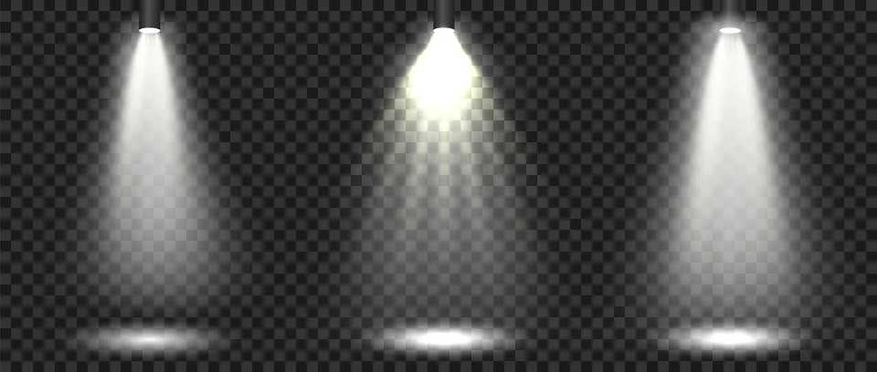 Vector set of stage spotlights with glowing beams and light effects on Stock Illustration