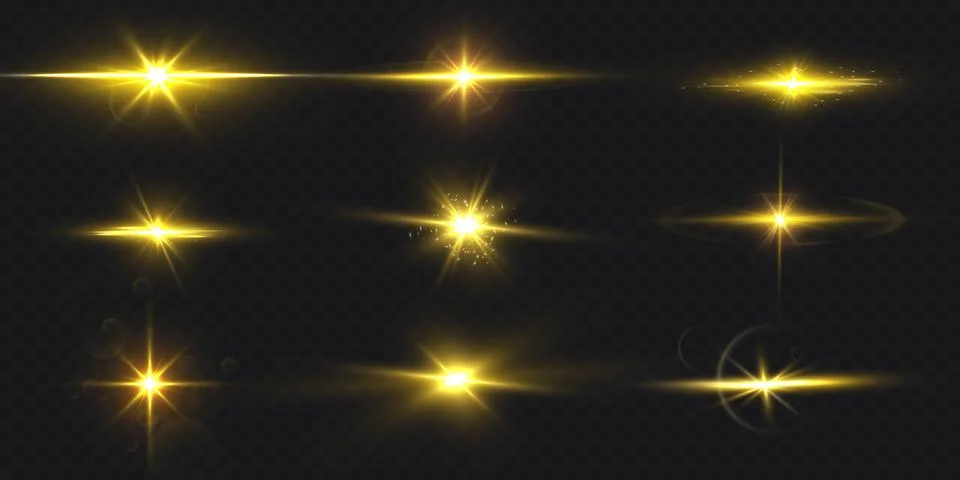 Vector set of star burst, yellow, with light effect, rays, glare and shimmering Illustrazione stock