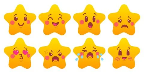 Vector set of star emoji in cute kawaii flat design style. Vector star cart.. 库存插图