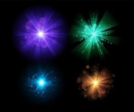 Vector set of starlight sparkles with blue, gold, green and lilac rays. Stock Illustration