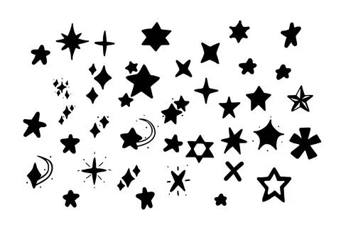 Vector set of stars in doodle style isolated on white background. Glyph vecto Stock Illustration