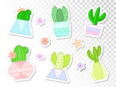 Vector set of stickers with cacti and succulents in flower pots. Stock Illustration