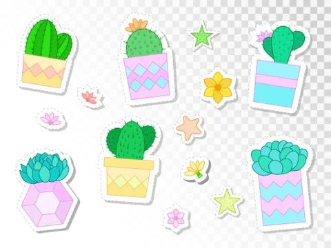 Vector set of stickers with cacti and succulents in flower pots. Stock Illustration