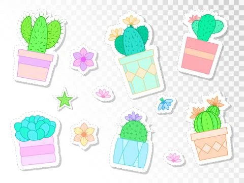 Vector set of stickers with cacti and succulents in flower pots. Stock Illustration
