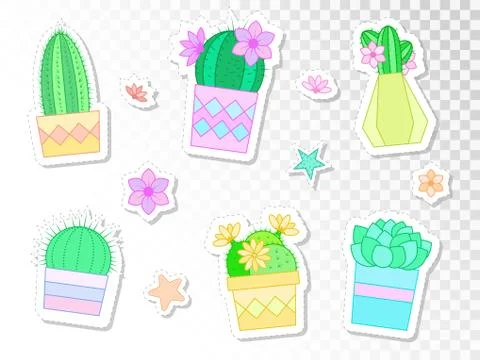 Vector set of stickers with cacti and succulents in flower pots. Stock Illustration