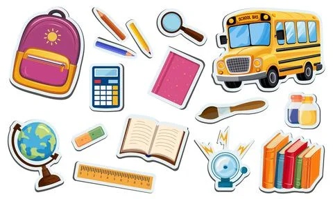 Vector set of stickers with school supplies Stock Illustration