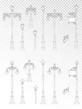 Vector set of street lights on transparent background. Stock Illustration