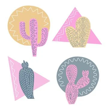 Vector set of stylish simple cactuses on adstract background with ethnic decor Stock Illustration
