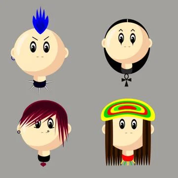 Vector set of subculture faces in flat style on grey background Stock Illustration